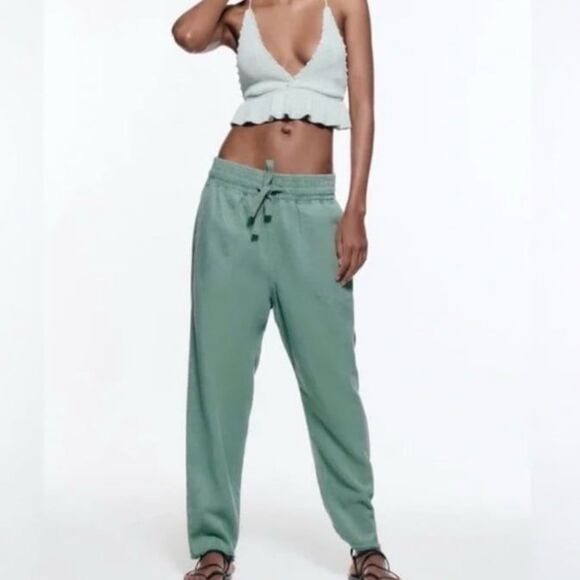 Zara The Raw Hem Jogger Pants in Light Green Size Small - Picture 2 of 8